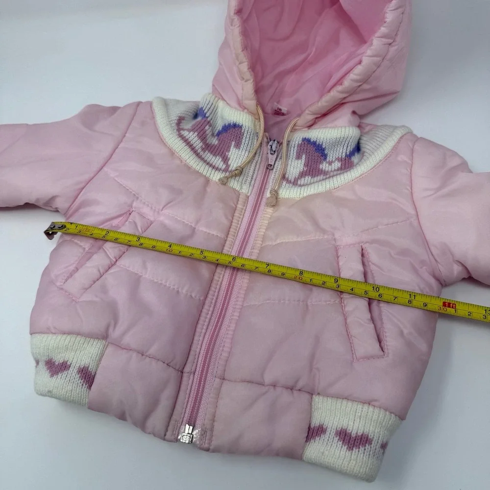 Vintage 80s Baby Girl Pink Puffer Jacket 18M Rocking Horse Knit Hooded